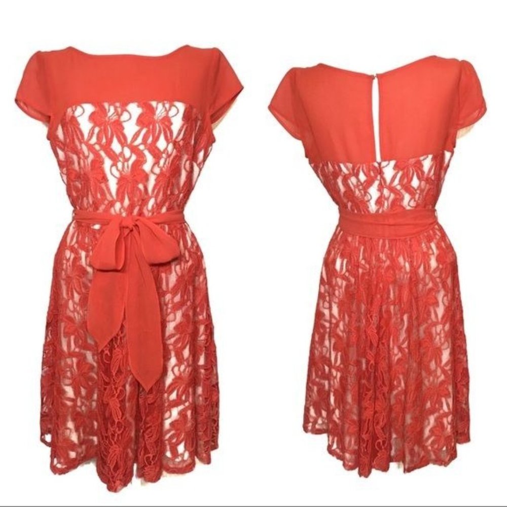 Melon/Orange Lace Beige Liner Bodycon Dress Cape Sleeves Material Tie Size 8